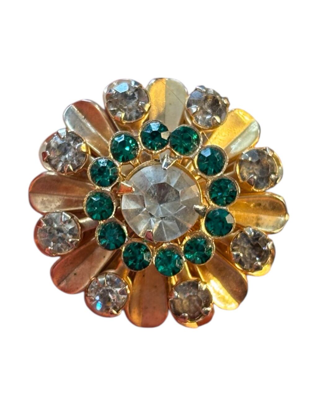 Vintage Rhinestone Flower Brooch Gold Tone Green Crystal Mid Century Statement